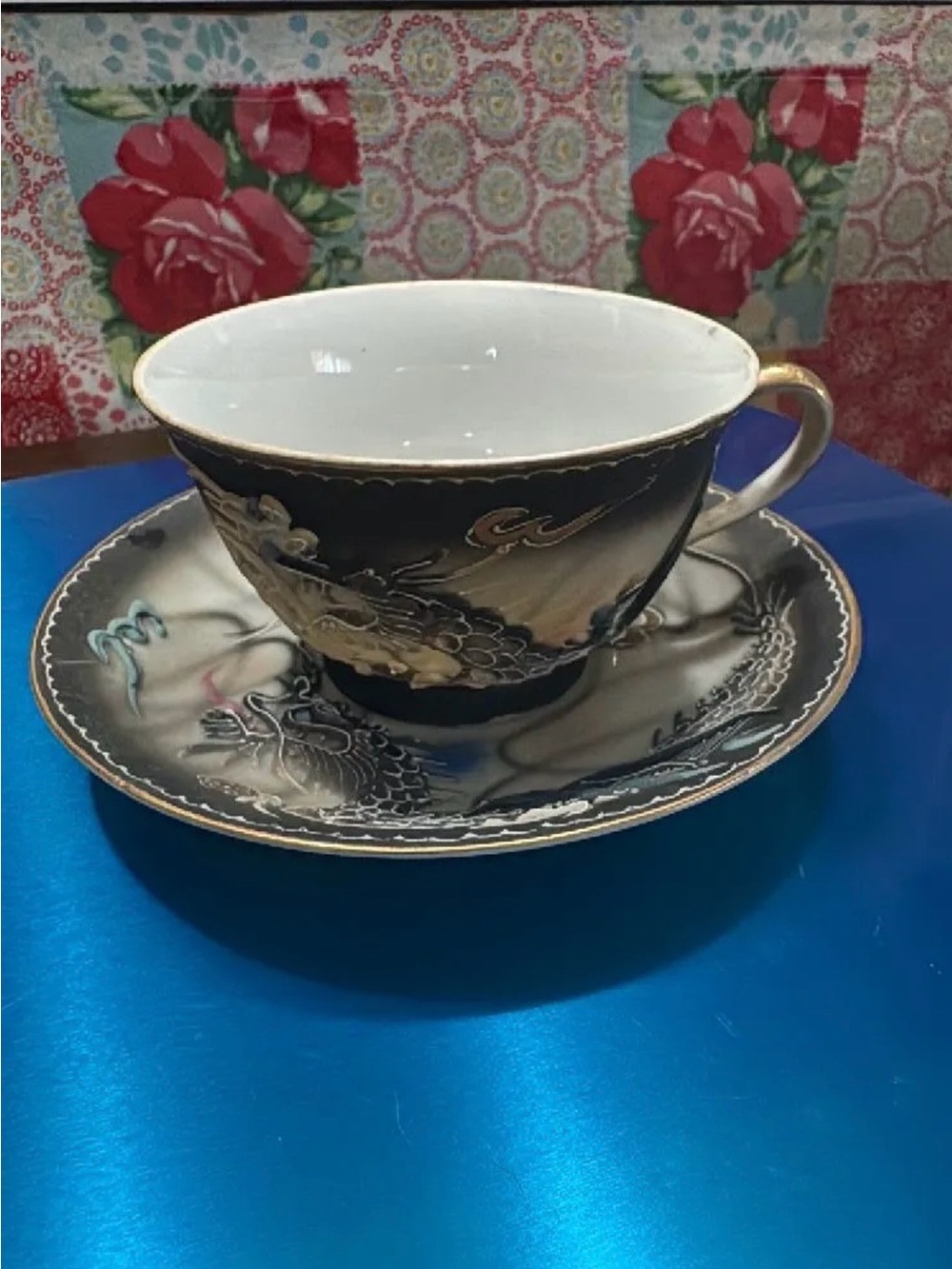 Elegant Black and Gold Dragon Teacup & Saucer and small vase